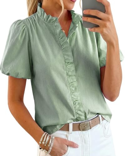 Womens Short Puff Sleeve Button Down Shirts Striped Cute Summer Tops Ruffle Stand Collar Blouse Business Casual Preppy Lantern Top