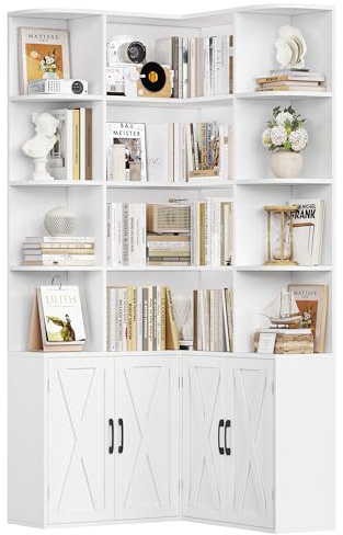 FirFurd 187cm Estantería Esquina, Libreria Estanteria con 4 Puertas 12 Compartimientos, Estantería Libros, Estante en Forma de L Mueble Almacenaje para Salón, Grande y Alta 187x80x80cm Blanco