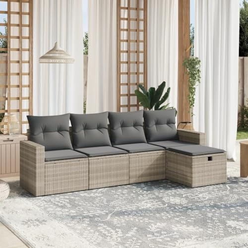LoogCape Ensemble de canapé de jardin 5 pièces - Gris clair - En polyrotin - Avec coussins - Groupe de sièges d'extérieur modulaire pour terrasse, balcon et jardin