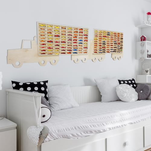 Dekoralove TIR - Vitrina de pared con colgante para coches de primavera y juguetes, caja de coleccionista grande con 160 compartimentos, soporte de madera para coche de 210 x 55 cm