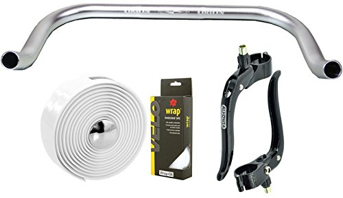 Permanent cykel bullhorn Fixie Singlespeed racercykel triathlon-styre silver 440 mm med matchande bromsspak och vitt styrband