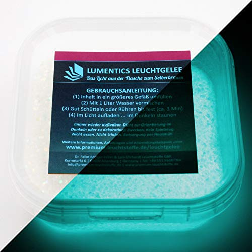 Lumentics, luce a forma di granulato naturale/blu verde – per 1 litro di acqua brillante al buio con effetto glitter – ideale per fai da te per la luce notturna o come decorazione.