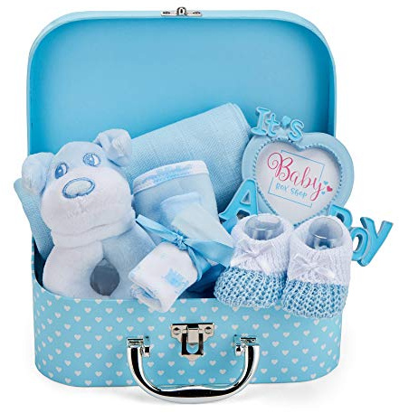 Baby Box Shop - Set de nacimiento, para bebé, con regalos para bebés, incluye sonajero, para bebé, marco de fotos, ropa de gasa, babero, par de calcetines, par de mitones y gorro