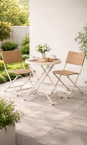 Dawsons Living Folding Wicker/Metal Bistro Set - Weather Resistant Outdoor Garden Furniture Set - Decking Patio Conservatory Balcony Set (Natural)