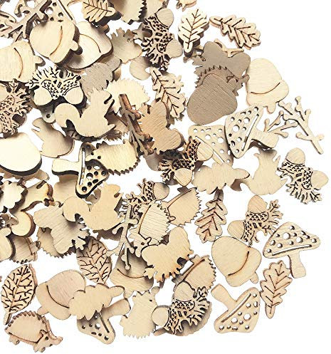 LAIYOHO 100 PCS Wooden Craft Shapes， Cute Squirrels Leaves Hedgehog Mushroom Woodland Theme Cartoon Natural Wood Cutouts for Kids and Adults Crafts Scrapbooking Card Making Home Décor Embellishments