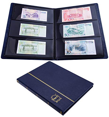 Ettonsun Leather 60-Pocket Dollar Bill Holders for Collectors Paper Money Album Currency Collection Supplies Book Travel Banknote Stamp Storage,Collection Folder for Paper Souvenirs (Blue)