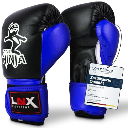LNX Boxhandschuhe Kinder Little Ninja - ideal für Kids Kickboxen Boxen Kampfsport UVM (schwarz/blau)