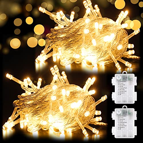 owwasd Led Stringa Luci a Batteria, 2 Pezzi 6M 50 LED Catena Luminosa, Impermeabile Lucine LED Decorative Esterno/Interno per Natale Matrimonio Decorative Festa Natalizie letto Camera