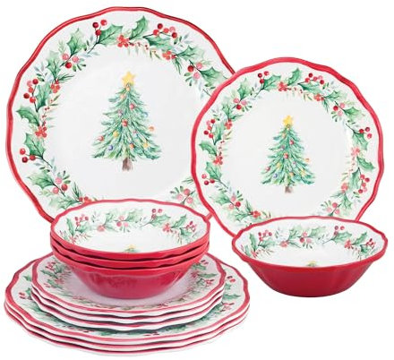 UP Vajilla de melamina de 12 piezas, incluye platos de cena, platos de ensalada, cuencos, servicio para 4. (árbol de Navidad)