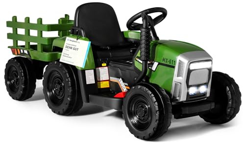 COSTWAY 12V 3-Gang Traktor mit abnehmbarem Anhänger und 2,4G Fernbedienung, Kinder Aufsitztraktor mit LED Lichtern, Musik, Hupe & USB Funktionen, geeignet für Kinder ab 3 Jahren (Dunkelgrün)