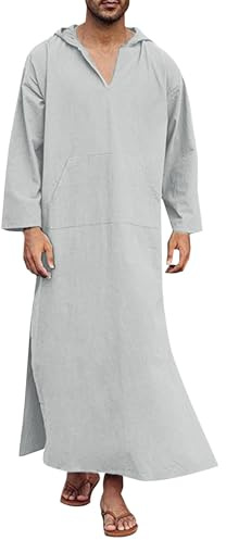 WAZHAKU Robe musulmane Djellaba pour homme avec capuche - Manches longues - Lin - Dubaï - Robe à capuche - Robe à manches courtes - Robe musulmane - Robe longue ethnique - Robe Ramadan - Robe
