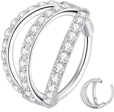 Popuhoops Anello da naso a triplo cerchio da 20 g, con zirconia cubica trasparente, in acciaio chirurgico 316L, gioiello per cartilagine, setto nasale, segmento, clic, conchiglia, daith, trago, elice
