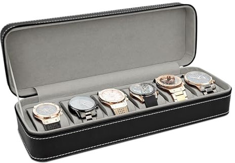 WisePoint 6-slot Watch Box, PU Leather Watch Case Watch Display Case with Zipper, Exquisite Watch Boxes for Men and Women Watch Storage Box for Watches and Smart Watch (6, black)
