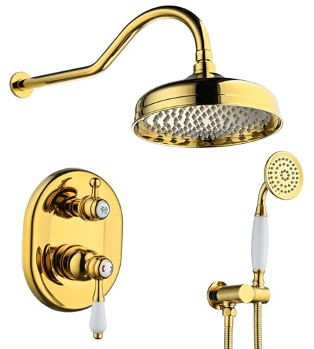 RONMX Columna de Ducha Empotrado, RSS0350 Oro Titanio Columna de Ducha, 8in/200mm Set De Ducha con Cabezal de Ducha de Acero Inoxidable 304, Ducha de Mano de Cerámica, Cuerpo de Latón