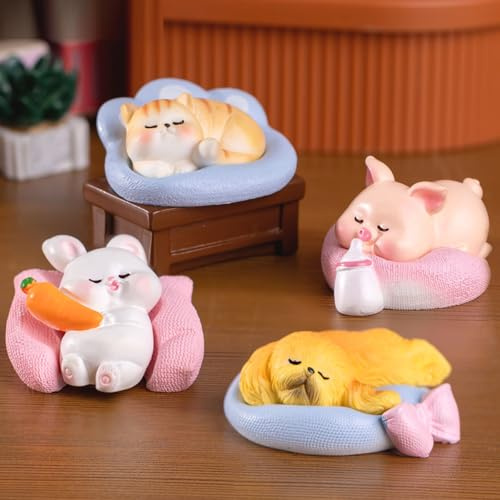 KARLOR mini figure di animali decorazione, 4 PCS dormire gatto cane maiale coniglio set, collezione animali in miniatura ornamenti animali maialino coniglio cucciolo micro paesaggio tavolo giardino
