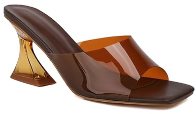 Feinlina Donna Sexy Chiaro Kitten Tacchi Sandali Trasparente Quadrato Aperto Punta Slipper Vestito Scarpe, marrone, 43 EU