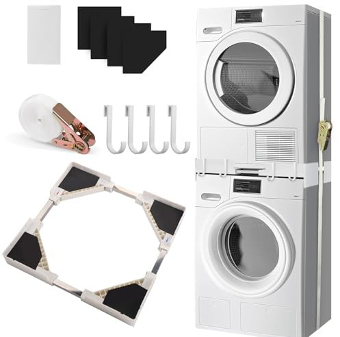 Kit universel empilable pour machine à laver et sèche-linge, taille réglable (50 à 70 cm), coussinets anti-vibrations, corde à cliquet, peu encombrant, blanc