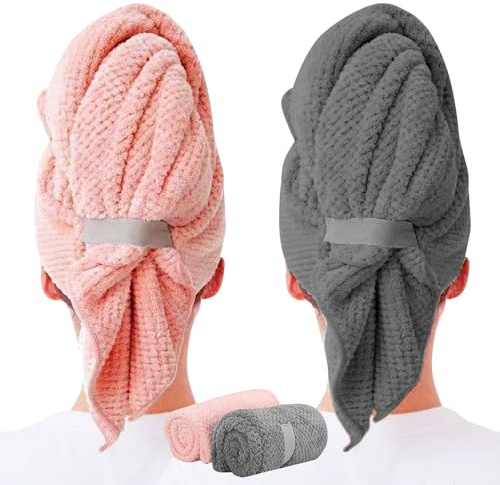 2 Pack Microfiber Hair Drying Towels, 100 x 60cm, Super Absorbent, Super Soft, Fast Drying Turbans Microfiber Hair Towel Wrap for Long, Thick, Curly Hair - Anti Frizz Wrap with Elastic Strap