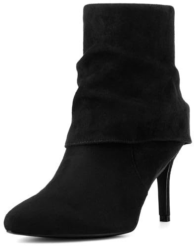 Perphy Women Pointed Toe Stiletto Heel Slouch Fold Over Ankle Boots | 3.3-inch heel. Side zipper closure. Leopard, Khaki options. For daily work, shopping, parties. Pointed toe