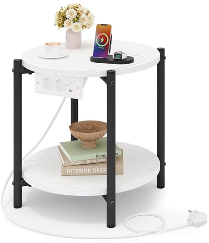 IRONCK Tavolino, Tavolino Rotondo con Multipresa, piccolo tavolino da divano, Tavolino Salotto 2 Ripiani, porta USB e tipo C, Comodino per camera da letto Balcone Patio (Bianco, 1 pezzo)