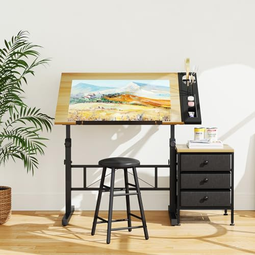 Moziel Tavolo da Disegno Inclinabile da 0 a 60°, Altezza Regolabile con Sgabello, Scrivania per Somputer da Studio di Architettura per Disegnatore Pittore Ingegnere Artista (Colore Legno con Cassetti)