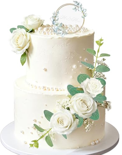 LaVenty Hochzeitstorte Deko Mr Mrs Flower Brautparty Acryl Tortendekorationen für Hochzeit Verlobungsfeier Kuchen DekorationenZubehör (White)
