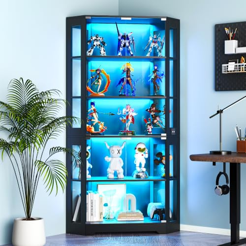 Wumagin Vitrina de cristal de esquina con iluminación LED, 5 niveles, 180 cm, con sensor humano para salón o dormitorio