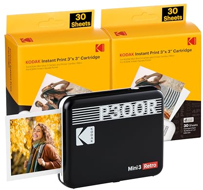 KODAK Mini 3 Retro 4Pass Tragbarer Fotodrucker (7,6 x 7,6 cm) – Paket mit 68 Blättern, schwarz