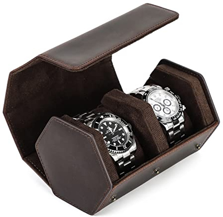 CONTACTS Caja de Reloj de Cuero, Estuche Enrollable de Viaje para 2 Relojes, Organizador Protector de Almacenamiento de Relojes y Vitrina para Hombres/Mujeres Marrón