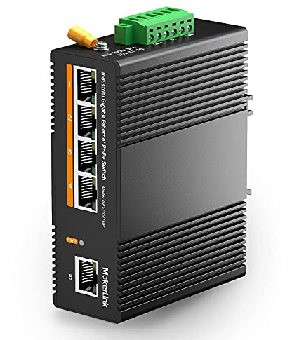 MokerLink Switch Ethernet industriale su guida DIN Gigabit PoE a 5 porte, alimentazione PoE+ da 60 W, switch di rete non gestito IP40 (da -40 a 185 °F), con alimentatore