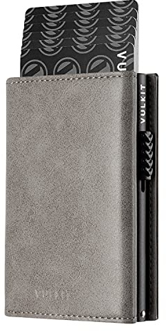 VULKIT Credit Card Holder RFID Blocking Leather Pop Up Card Wallet with Banknote Compartment, ID Window, Coin Pocket & Magnetic Closure