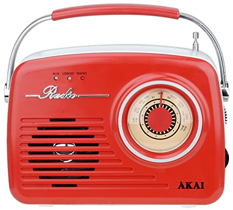 AKAI Radio portable au design rétro rouge - FM/AM, AUX, USB, carte SD, MP3, prise casque, antenne télescopique, (APR-11R)