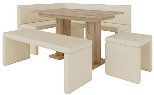 Akiko Banc d'angle avec table et bancs – Groupe d'angle pour votre salle à manger, cuisine moderne, coin salon, coin repas. Parfait pour la cuisine, le bureau et la réception. Finition solide (Soft