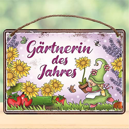 Metallschild rostfrei Blechschild mit Kordel zum Anhängen - Gärtnerin des Jahres - Gartenschild Schild Türschild mit lustigem Spruch im Vintage Retro Look