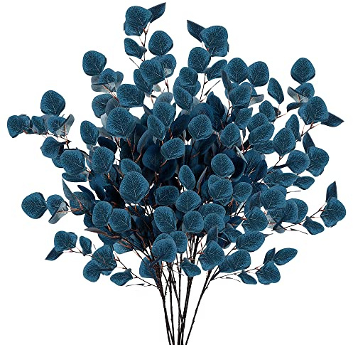 Sggvecsy 6 hojas de eucalipto artificiales, tallos largos de plata, hojas de dólar, ramas de hojas sintéticas, eucalipto de seda falsa para primavera, verano, hogar, festival, Acción de Gracias