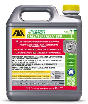 FILA Surface Care Solutions, SALVATERRAZZA® ECO, Protector impermeabilizante transparente con base agua para pavimentos, efecto consolidante antifiltraciones en grietas de hasta 1 mm. Env.5L