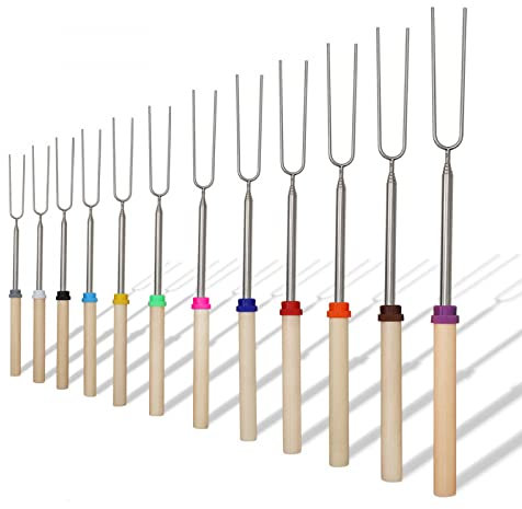 Spiedo in metallo Strumento per spiedini per barbecue Forchetta per barbecue telescopica per esterni in acciaio inossidabile Forchetta per griglia con manico in legno a forma di U Accessori per la c