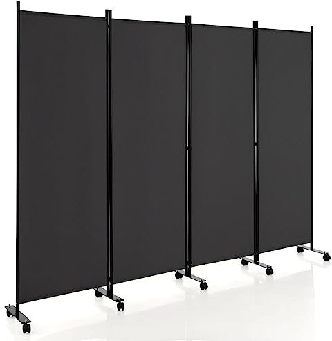 COSTWAY 3/4-Panel Folding Room Divider, Rolling Wall Privacy Screen Protector with Wheels, Freestanding Paravent Partition Separator for Bedroom, Living Room and Office (Grey, 4 Panel-224x172cm)