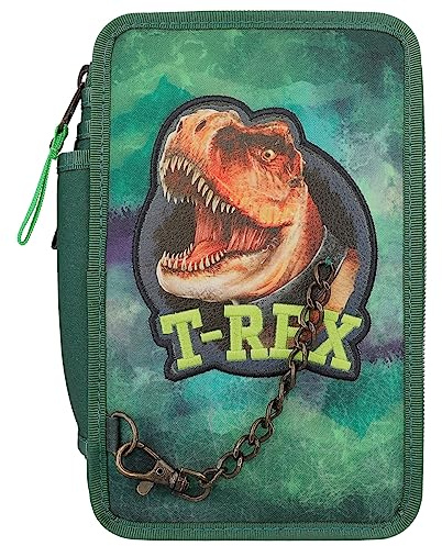 Depesche 12506 Dino World - Gefüllte 3-Fach Federtasche im Dinosaurier-Design mit Kette, Federmäppchen mit Buntstiften, Lineal, Schere uvm.
