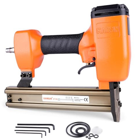KAMSIN ST38H - Clavadora neumática en T de hormigón calibre 14 con bloqueo de seguridad, 3/4 pulgadas a 1-1/2 pulgadas (18 mm-38 mm) de longitud de la pierna, pistola de clavos en T de hormigón