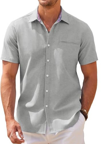 COOFANDY Shirts for Men Short Sleeved Shirt Summer Casual Shirt Dress Button Down Shirts Oxford Regular Fit Light Grey XXL
