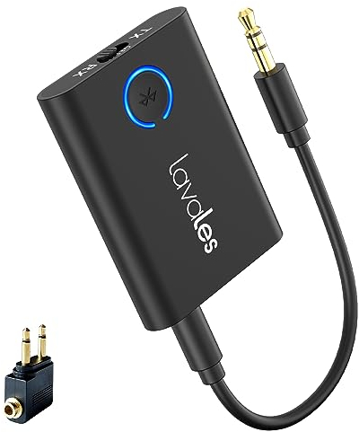 Lavales Bluetooth 5.3 Adapter Transmitter für 2 Airpods/Kopfhörer, 2-in-1 Audio Sender Empfänger Klinke AptX Low Latency/Adaptive, 3.5mm AUX Klinke Bluetooth Splitter für Flugzeug/Speaker/TV/Tablet