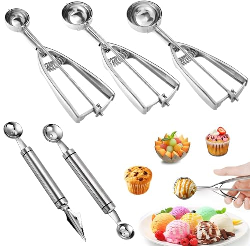 HEKOBAG 5 Pezzi Cucchiaio per Gelato Porzionatori da Gelato in Acciaio Inox Porzionatore Gelato Grande Dosatore Gelato con Grilletto per Biscotti, Torte Impasto, Melone, Frutta (3 Misure 4/5/6 cm)