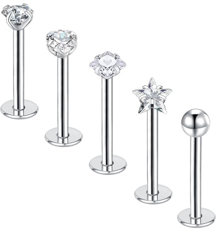 Gojewen 5pcs Lip Bars 10mm Silver Labret Studs Stainless Steel 16G Monroe Medusa Helix Piercing Jewellery for Women Men