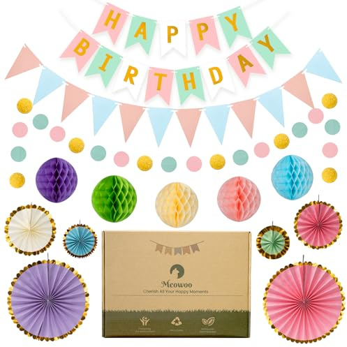 Meowoo Macaron Birthday Decorations, Reusable Paper Birthday Party Set | Happy Birthday Banner, Triangle Bunting, Circle Garland, Honeycomb Balls & Paper Fans, For Kids, Teens & Adults
