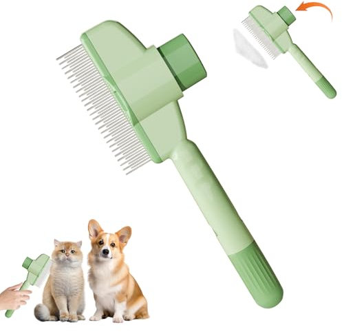 Katzenbürste Hundebürste, Katzenkamm für Langhaar/Kurzhaar, Flohkamm für Katzen Hunde mit Einem Knopf, Bürste für Die Haustierpflege zum Entfernen von Unterfell, Losem Fell und Schmut (Grün)