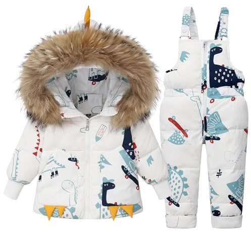 Fewlby Kids Snowsuit 2-Piece Ski Suits Set, Winter Hooded Puffer Down Jacket and Snow Bib Pants, Winter Outfit Set Toddler Cartoon Dinosaur Skisuit, 5-6 Years