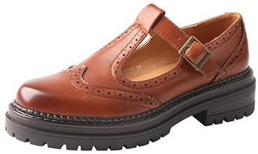 TMA EYES Chunky Platform T-Strap Hollowed-Out Loafer Vintage Round Toe Women's Single Shoes(Light Brown,8)