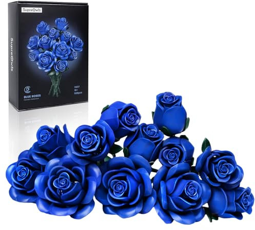 Ensemble de construction de bouquet de roses bleues de 12 roses artificielles bleues cadeaux pour elle pour anniversaire, anniversaire, Saint-Valentin, fête des mères, Noël, décoration intérieure 608
