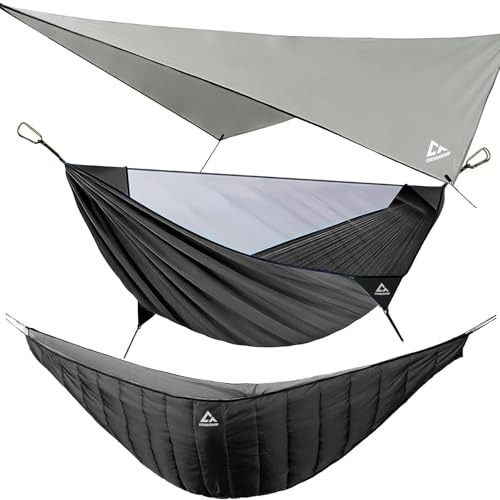CROSSHIP Camping Hammock with Mosquito Net & Hammock Underquilt and Rain Fly Tarp - Portable for Indoor, Outdoor, Hiking, Backpacking, Backyard, Beach & Travel (Hold Up to 500lbs) - Black